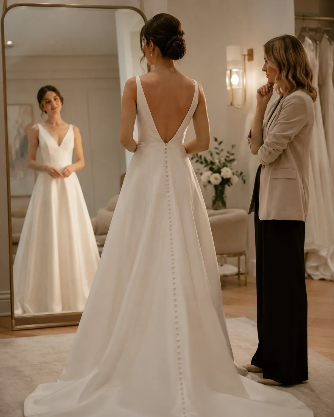 Sposa e consulente scelgono abiti da sposa su una fila di modelli in atelier