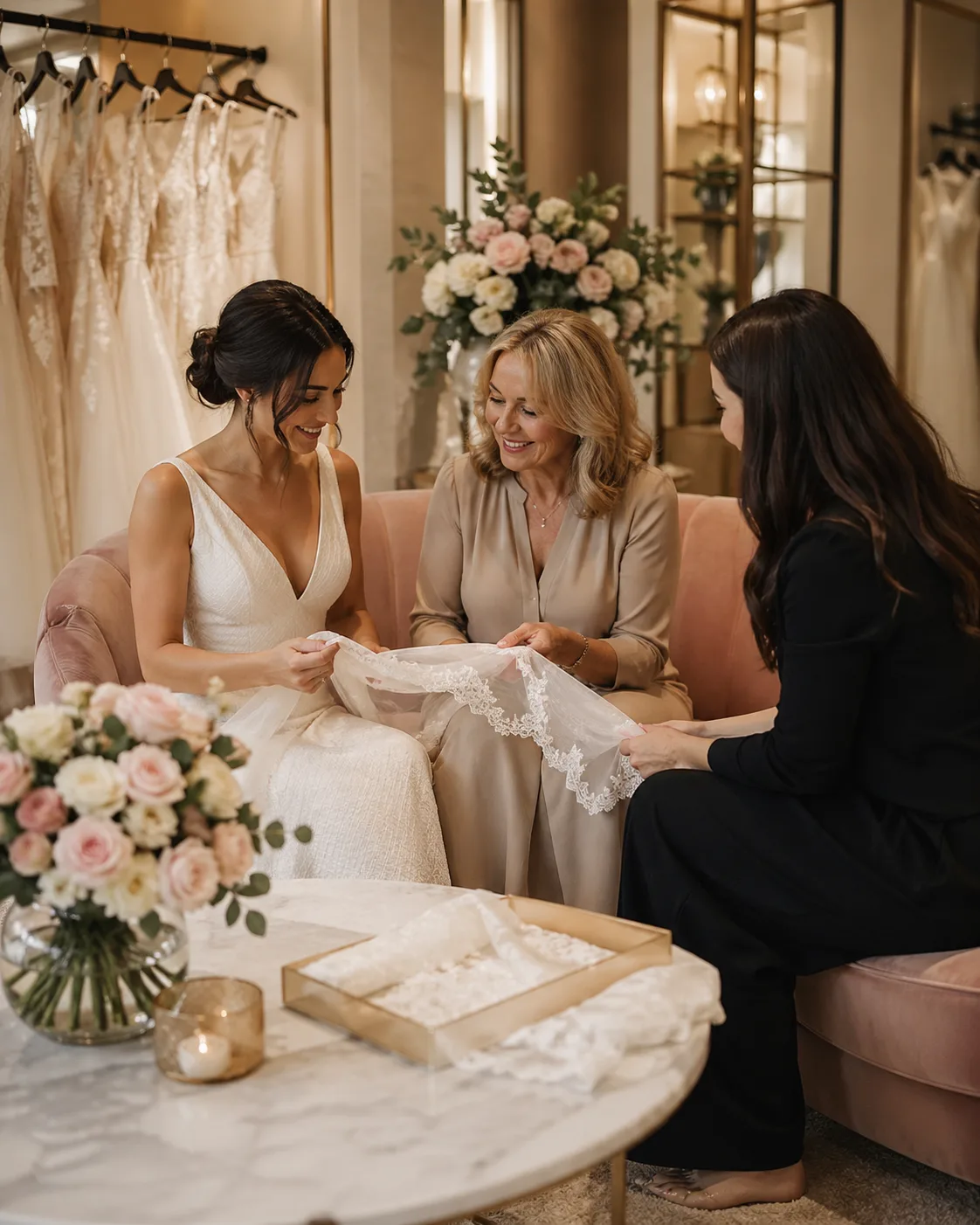 Accessori, tessuti e dettagli bridal su tavolo in marmo
