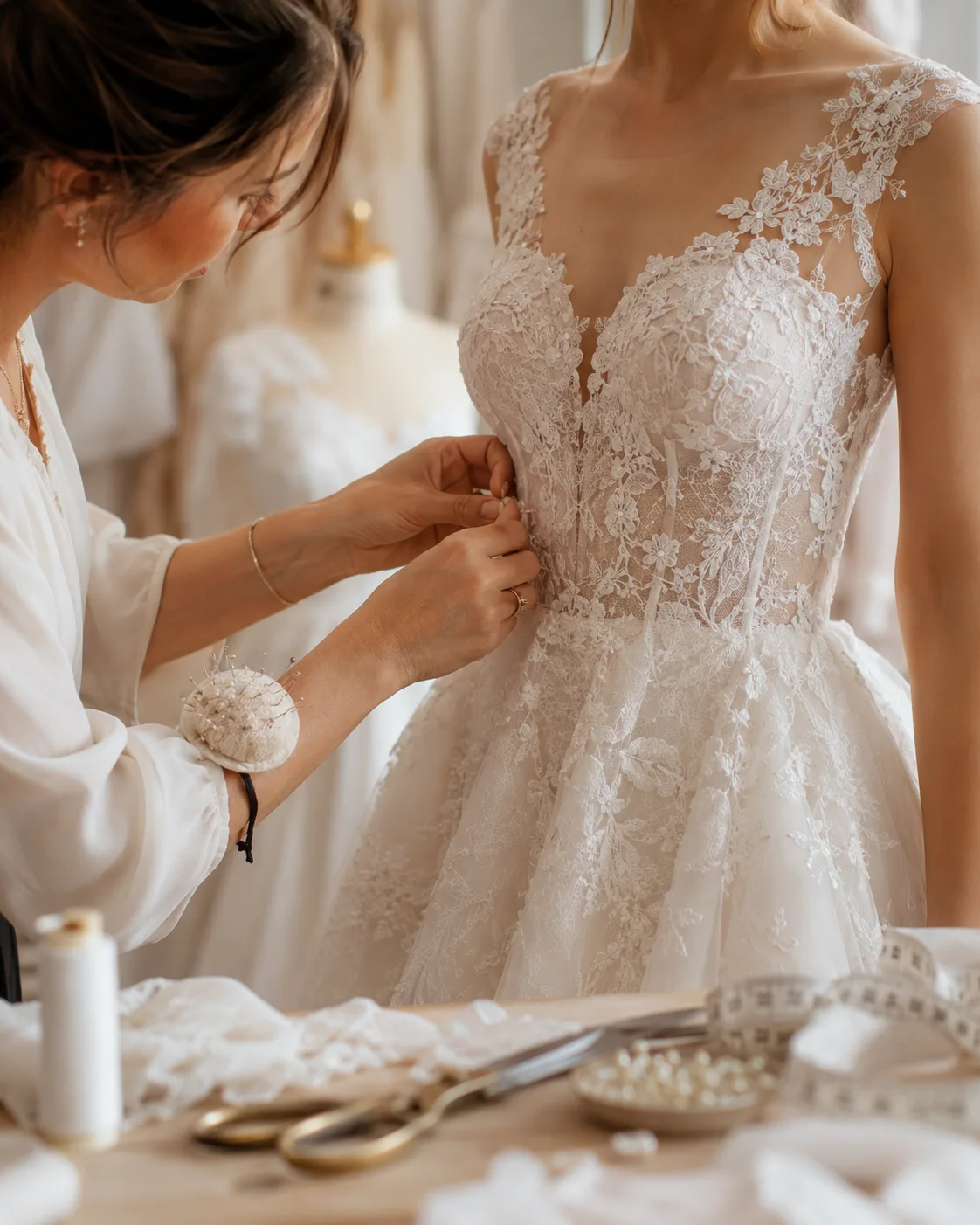 Consulenza in atelier con sposa e accompagnatrici durante la scelta dell'abito