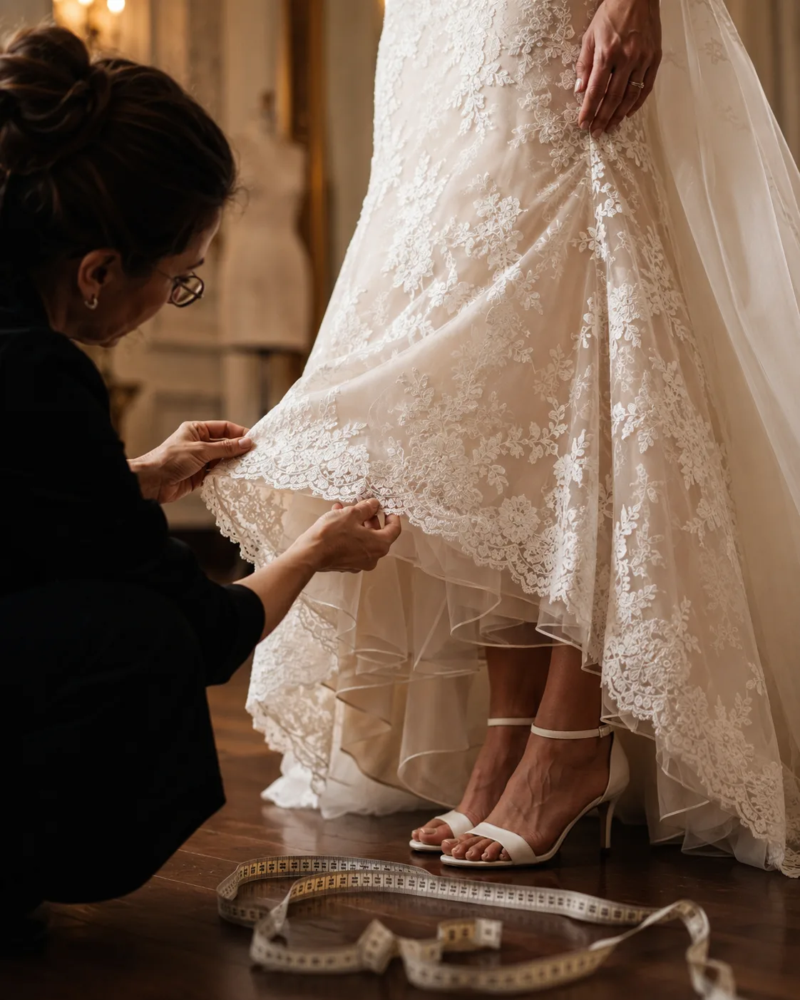 Sarta che controlla l'orlo e il pizzo di un abito da sposa durante la prova