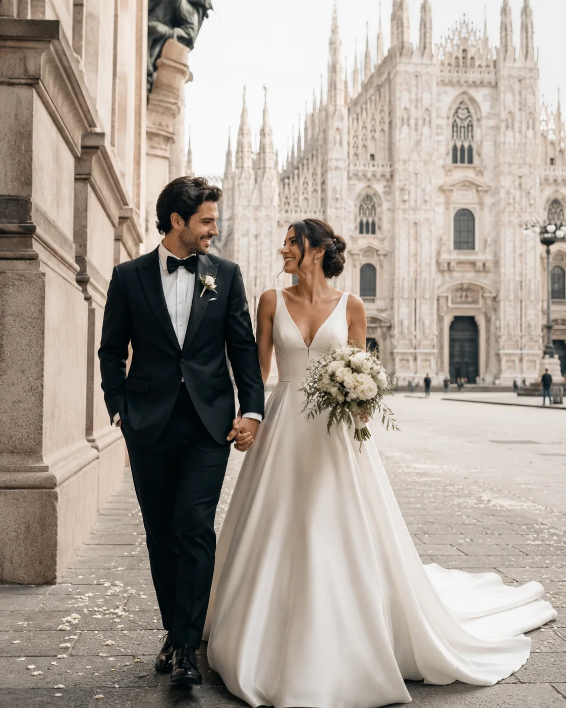 Sarta che interviene sul corpino in pizzo di un abito da sposa