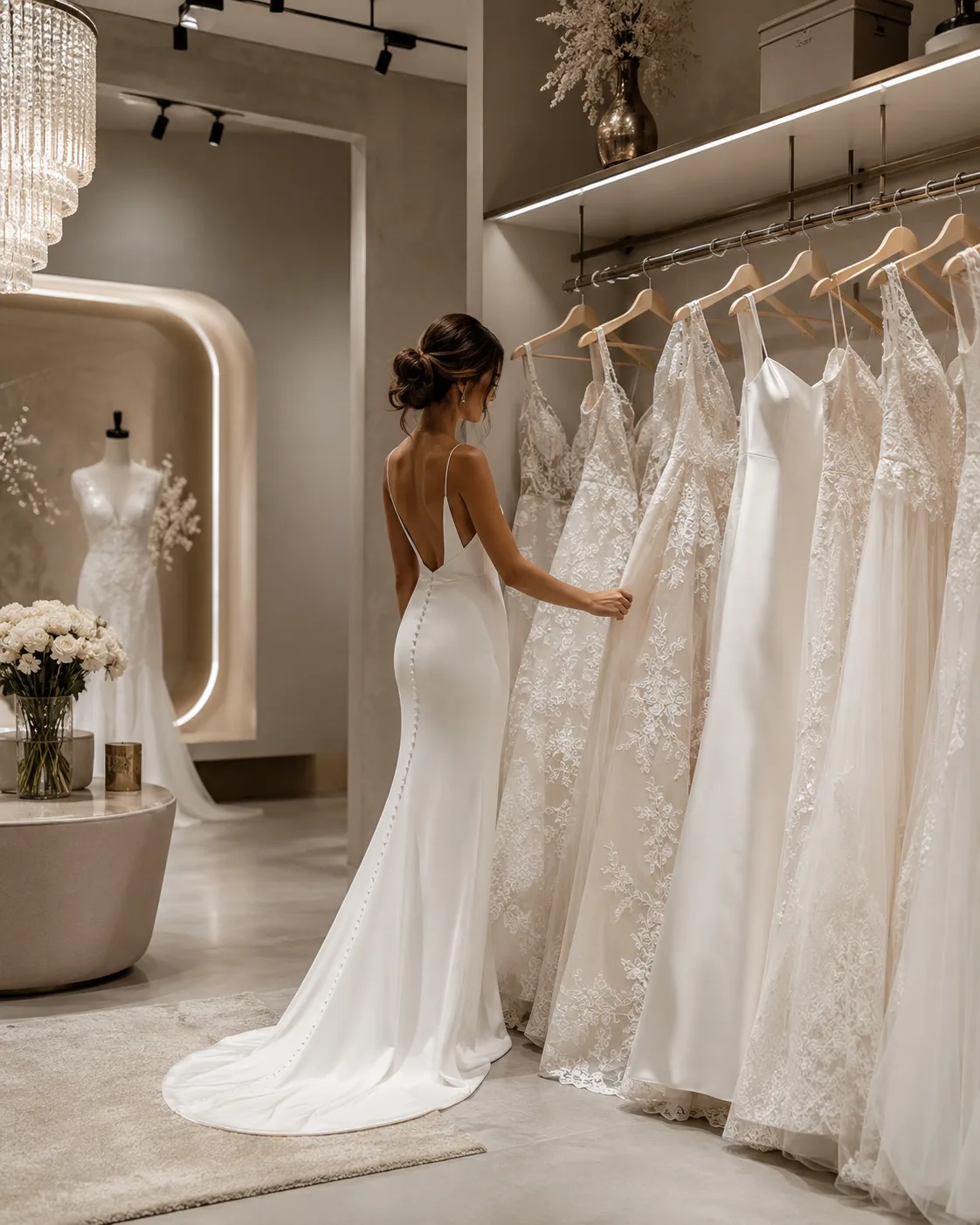 Sposa che osserva una selezione di abiti da sposa in atelier
