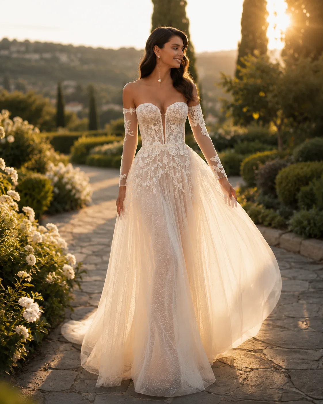 Sposa con abito scivolato in tulle leggero in giardino