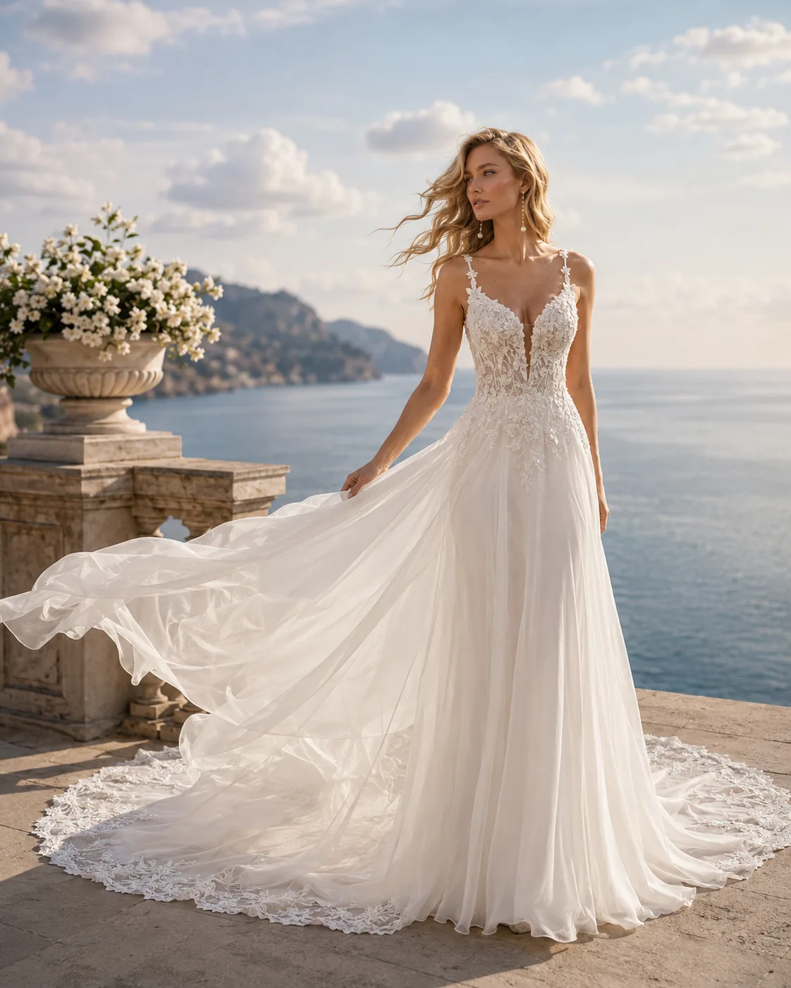 Sposa con abito scivolato leggero in chiffon davanti al mare