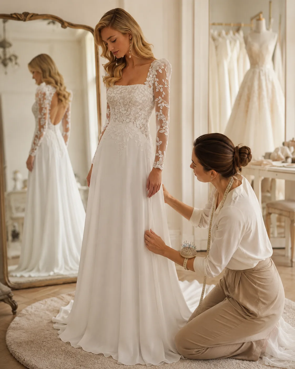 Sarta che controlla la caduta di un abito da sposa scivolato