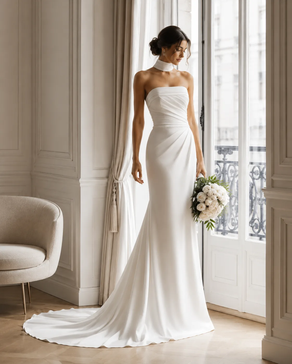 Sposa con abito scivolato e maniche leggere in atelier