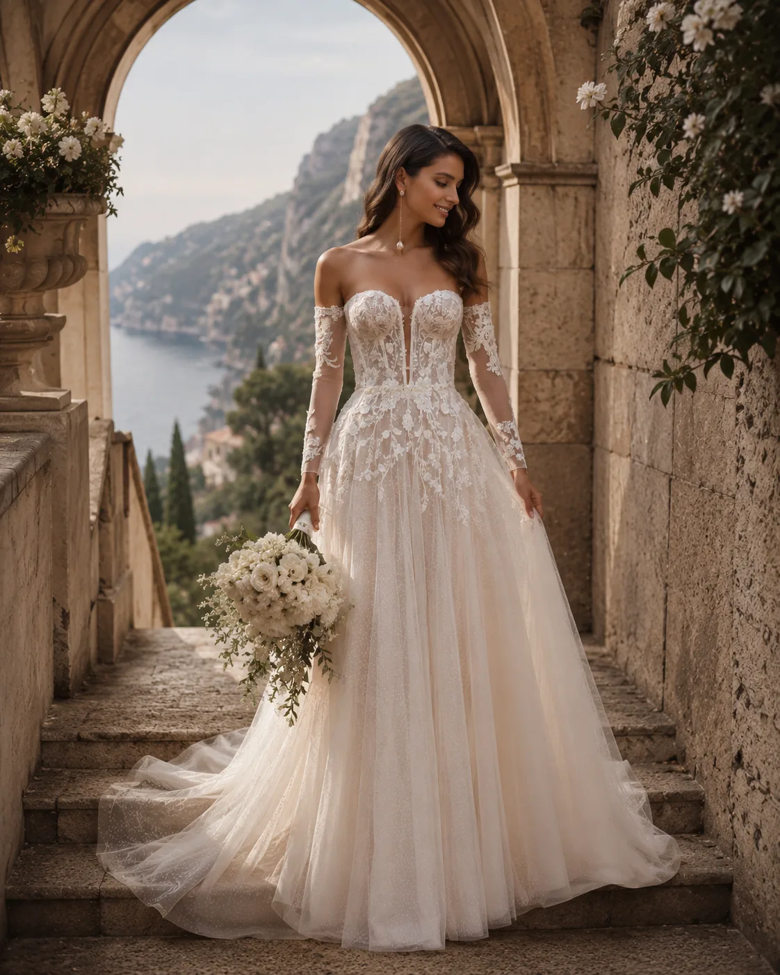 Sposa con abito scivolato romantico su scala panoramica