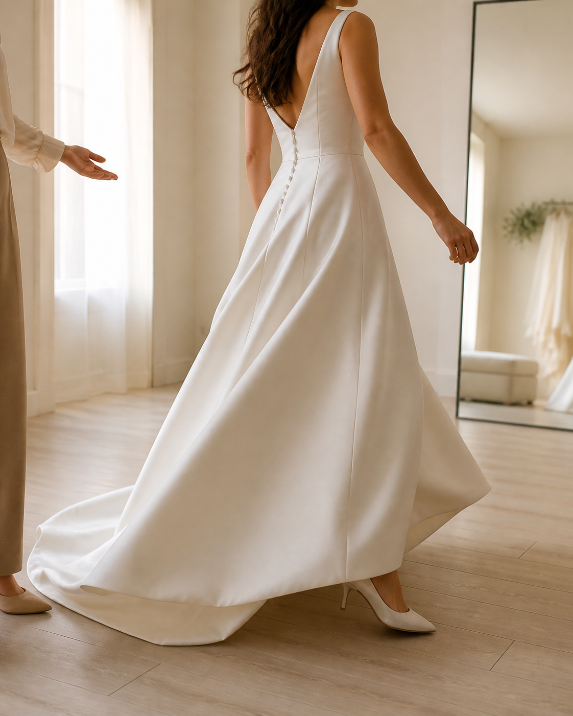 Sposa che prova a girarsi con l’abito durante una prova sartoriale