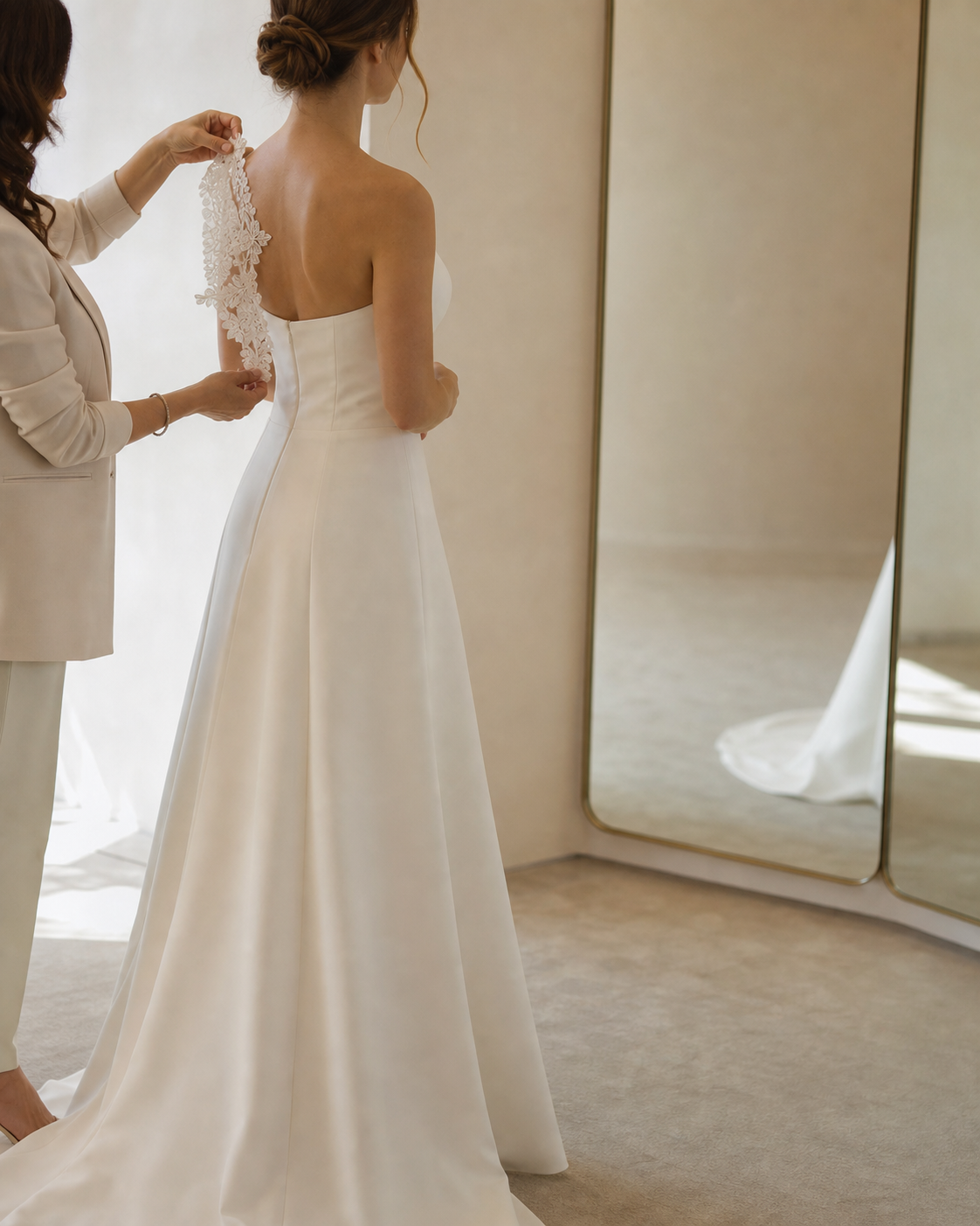 Sposa davanti allo specchio mentre valuta un dettaglio in pizzo accanto all’abito
