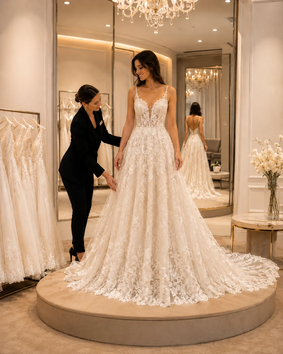 Consulenza su dettagli e tessuti di un abito da sposa outlet