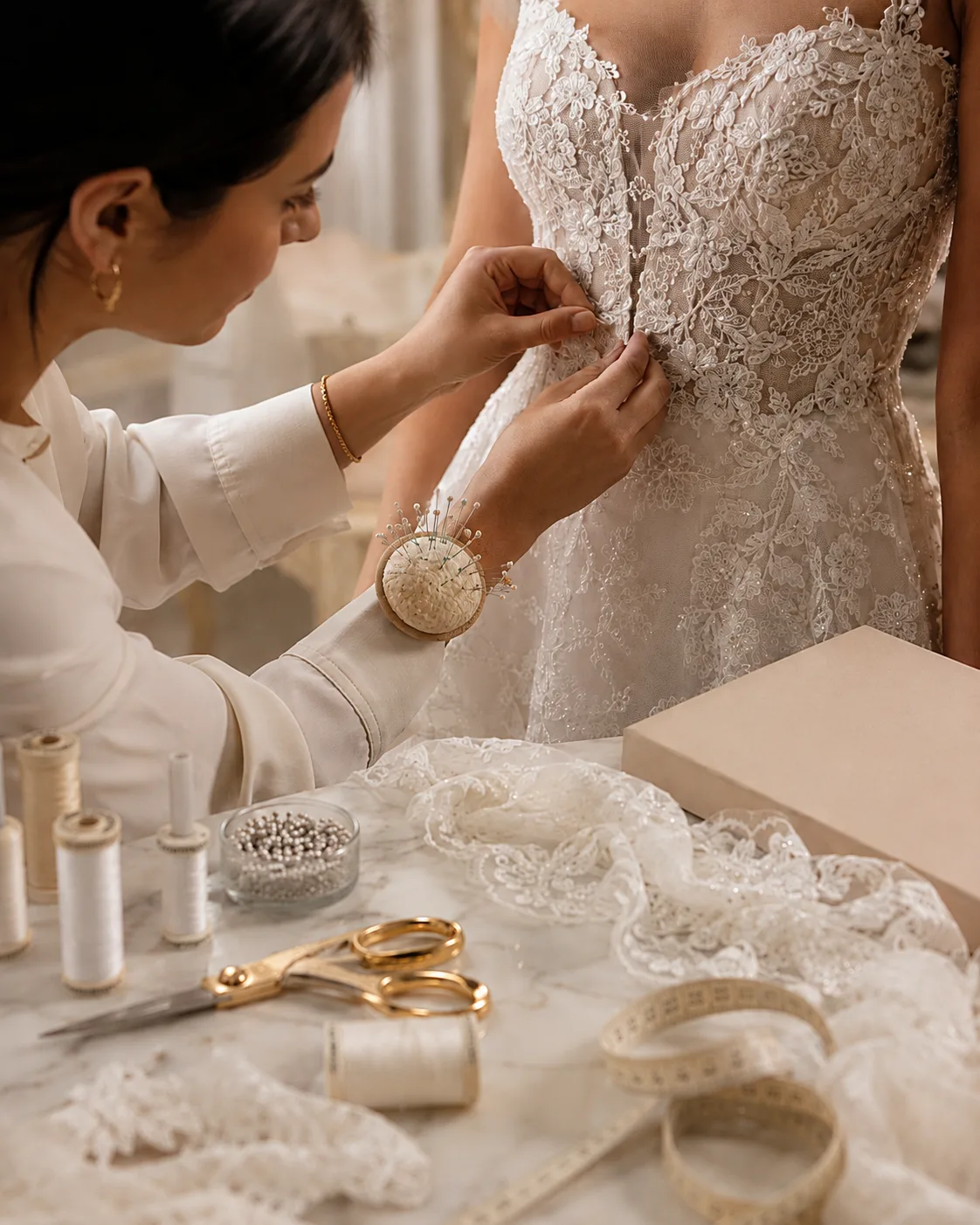 Prova in atelier di un abito da sposa outlet con consulente