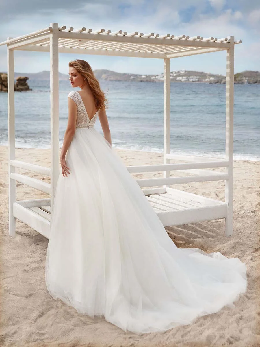 Abito da sposa visto da dietro con scollatura a V e gonna in tulle